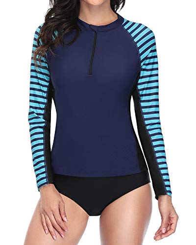 Daci Women Navy Blue Rash Guard Long Sleeve Two Piece Zipper Swimsuit Surfing Swim Shirt UPF 50+ M