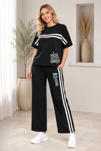 Image of Women's Printed Co-Ord Lounge Set | Oversized Half Sleeve T-Shirt & Straight Fit Track Pants | Casual Two Piece Co Ord Set for Daily Wear, Travel, Gym, Airport Look & Loungewear