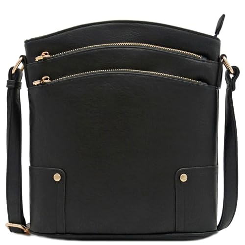 ALYSSA Triple Zip Pocket Large Crossbody Bag (Black)