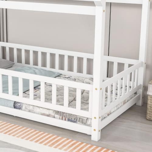 Miniatura 34 de Cama de suelo de tamaño matrimonial con valla para niños pequeños, cama Montessori con techo de casa, marco de cama de piso de madera matrimonial