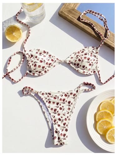 Image of RoseSeek Women's Floral Print Cheeky Bikini Sets Pearl Decor Halter Triangle High Cut String Thong Swimsuits