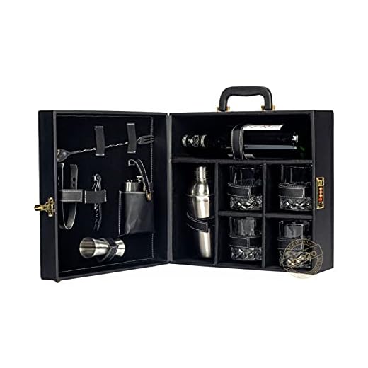 Abrazo Faux Leather Portable Bar Set | Portable Bar Set | Bar Tool Set | Bartender Kit | Black 4 Glass | Cocktail Shaker | Barset for Picnic | Gifting | Gifting for Men