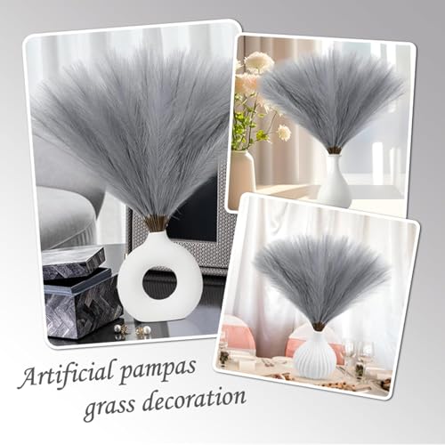 Image of CURATED CART Faux Pampas Grass Set of 3 Small Artificial Flowers for Home Decoration, Office, Bedroom, Living Room, Table Decor and Craft Corner Styling, Grey Color, 41 cm Height, (Without Vase)