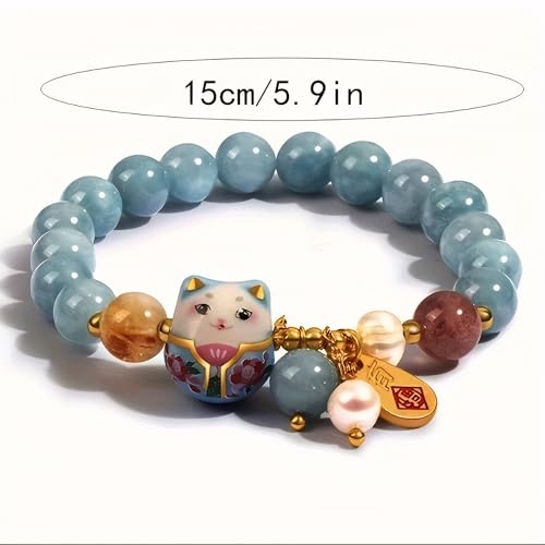 Lucky Cat Bracelet with Blue Crystal, Ceramic Cat Pendant, Feng Shui Good Luck Jewelry for Women, Wealth & Protection Bracelet2