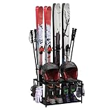 Freestanding Ski Holders for 4Pairs of Skis Ski Boot, Poles,Goggles, Helmet and More,Storage Rack for Garage, Heavy Duty Steel Floor Stand Ski Organizer for Garage Basement(Double-Layer storage shelf)