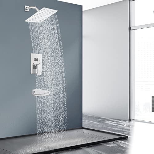 Midanya Polished Chrome Tub And Shower Faucet Set With 8 Inch Rain Shower Head And Waterfall Tub Spout Wall Mounted Rough-In Valve And Trim Kit Included Bathroom 2-Function Shower System Mixer Combo #TOP7