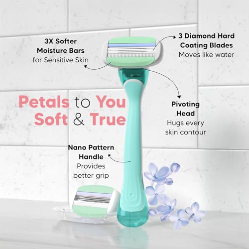 Image of Letsshave Evior 3 Sensitive Shaving Razor Value Set | 1 Handle + 4 Blades | Dual Moisture Bar with AloeVera, Vitamin E, Argan & Avocado Oils | Bikini & Underarm Friendly | Full Body Hair Removal Razor for Women | 6 Months of Worry Free Shaving