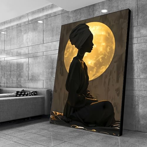 Art abstrait africain noir moderne : tableau sur toile 40x64cm avec cadre intérieur pour salon