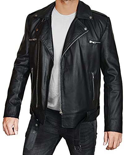Men's Lambskin Leather Biker Jacket – Slim Fit Lapel Asymmetric Zip-Up Belt Black Motorcycle Coat4