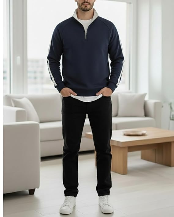Image of Men's Quarter Zip Pullover Sweater with Contrast Stripe, Long Sleeve Athletic Casual Sweatshirt for Winter Wear, Black