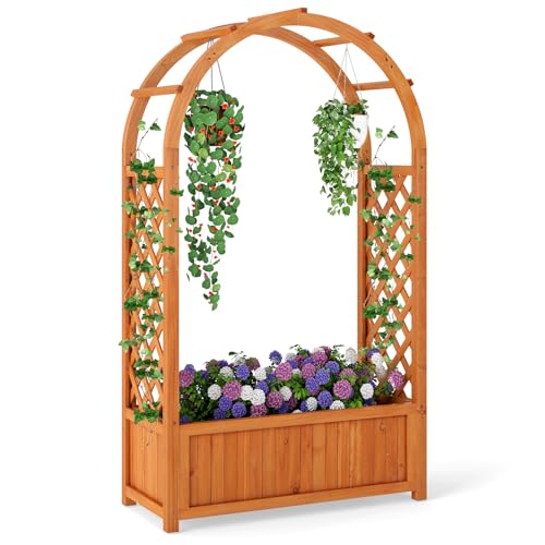 COSTWAY Blumenkasten mit Rankgitter, Hochbeet mit Spalier & Gebogendach, Rosenbogen mit Pflanzkasten & Abflusslöchern, Pflanzkübel für Balkon Hof Garten, Holz, 83 x 36 x 146 cm, Braun
