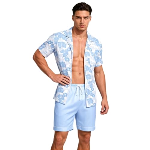 Conjunto hawaiano para hombre de camiseta y pantalones cortos negros con estampado de palmeras
