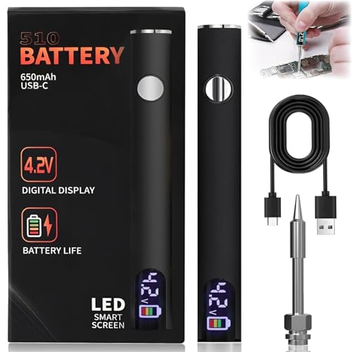510 Threaded Battery Pen, 650mAh Cordless Thread Burner With LED Digital Display, 3 Gear Adjustable Voltages, Portable Rechargeable Welding Tools for Home Appliance Repair (Black)