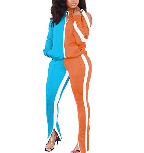 Sweatsuit for Women 2 Piece - Long Sleeve Zip up Cold Shoulder Jacket and Slit Pants Tracksuits Blue Orange X-Large