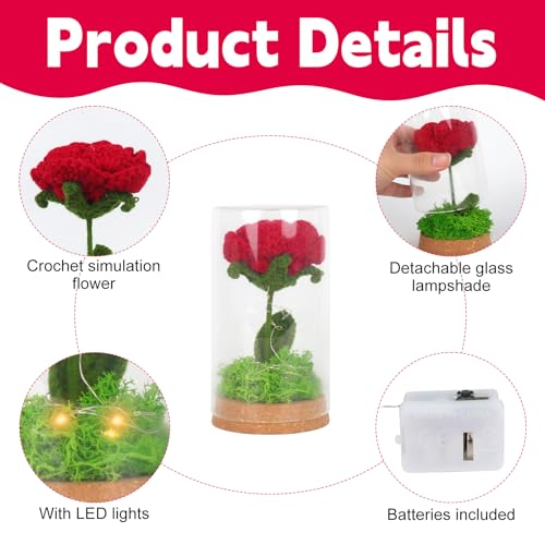 Hojalis Gehäkelte Blumen, Gehäkelte Künstliche Blumen Mit Licht, Ewige Rose Im Glas, Häkelblumen Mit Grußkarte,Handgemachte, Häkelblume Für Mama Frau Freundin, Jubiläum/Valentinstag Frauen