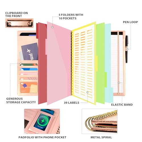 clipboard with storage for men women leather padfolio portfolio organizer 5 folders with 10 pockets spiral clipboard folio with notepad for letter size elastic closure and pen loop rose gold