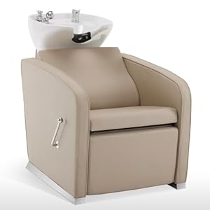 BarberPub Backwash Shampoo Station Chair, Adjustable Porcelain Ceramic Hair Wash Bowl Sink Unit Station, Reclining Shampoo Station Chair for Spa Beauty Salon Hair Salon Equipment 9303 (Beige)