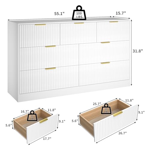 Image of White 7 Drawer Dresser for Bedroom, 55 inch Wide Fluted Dresser with Gold Handles, Modern Chest of Drawer for Bedroom, Closet, Living Room, Entryway, Hallway, White