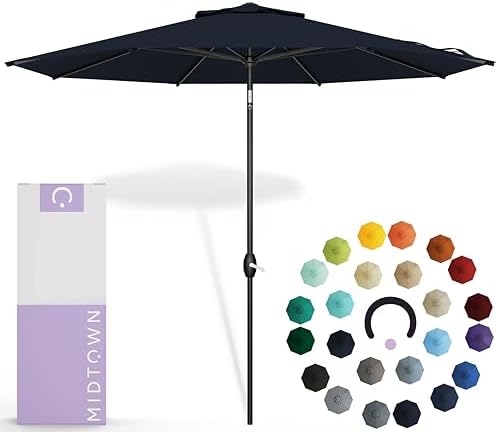 Midtown Umbrellas Sunbrella Umbrella 9 Feet Outdoor Umbrella With Canvas Navy Acrylic Fabric - Auto-Tilt Aluminum Frame Patio Umbrella For Backyard, Deck, Garden, Pool - Black Pole
