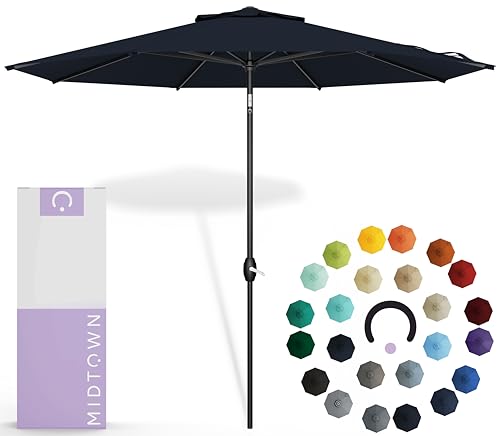 Midtown Umbrellas Sunbrella Umbrella 9 Feet Outdoor Umbrella With Canvas Navy Acrylic Fabric - Auto-Tilt Aluminum Frame Patio Umbrella For Backyard, Deck, Garden, Pool - Black Pole