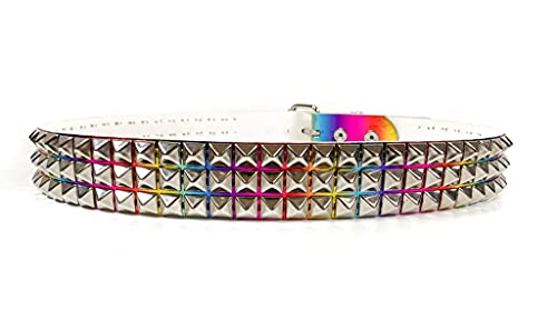 Rainbow Holographic Three Row Black Pyramid Stud Rave Studded Belt Vegan Punk Goth3