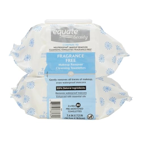 Equate Beauty Fragrance Free Makeup Remover Towelettes, 80 Count, 99% Natural Ingredients, 7.4 x 7.3 inches