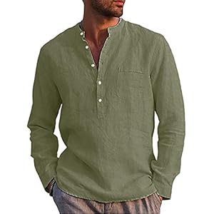 LVCBL Mens Casual Cotton Shirt Long Sleeve Band Collar Henley Shirt Tops
