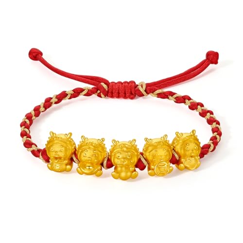 24K Solid Gold Bracelet Five Snake Dragon Pure Gold Charm Red Braided Bracelet Cute Animal Jewelry for Women Mom Daughter Birthday New Year 6.3-8.7