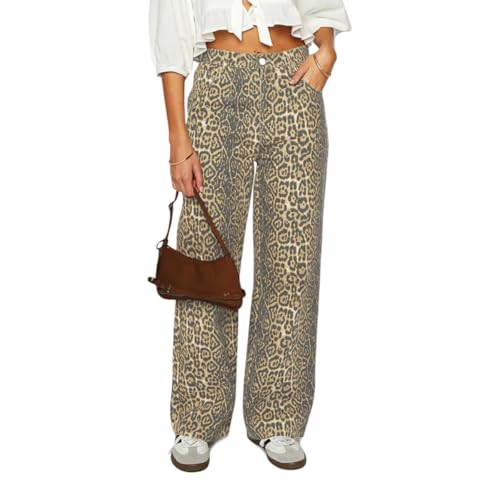 Women's Y2K Oversized Baggy Leopard Print Wide Straight Leg Jeans Stretchy High Waisted Cheetah Cargo Denim Pants (Light Leopard,Small,Small)