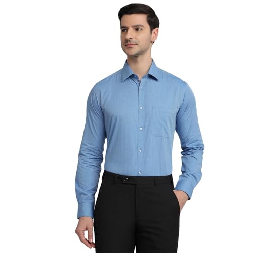 Image of Raymond Men Slim Fit Solid Pattern Pure Cotton Semi Cutaway Collar Full Sleeve Formal Shirt