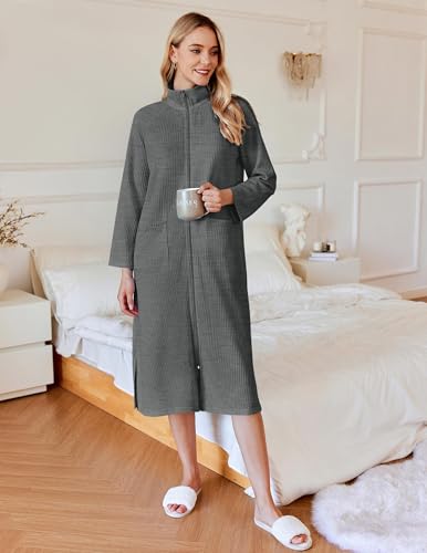 Ekouaer Waffle Robes for Women Long Zipper Bathrobes Lightweight House Coat Soft Sleepwear with Pockets Loungewear S-XXL2