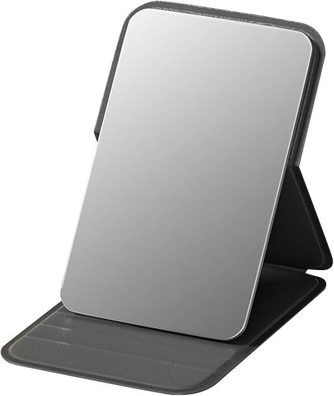 Image of Portable Folding Travel Mirror - Slim PU Leather Makeup Mirror with Adjustable Stand - Lightweight Pocket-Size Vanity Mirror for Purse, Desk, or Travel Use (7 x 10.5 cm) (Black)