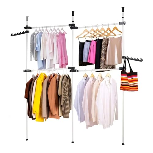 Perchero Independiente, Perchero de Ropa Telescópico, Carril de Ropa de Hierro Resistente, Extensible con 2 Ganchos, Bastidor de Ropa Altura Ajustable, Altura Ajustable 281-329 cm, Nuevo