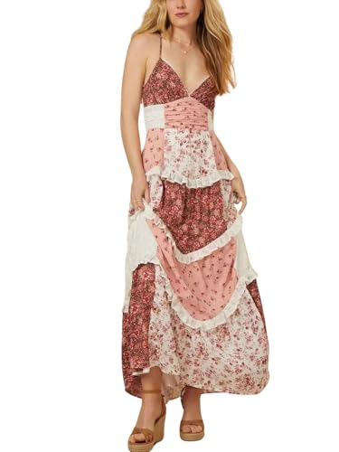 ebossy Womens Lace Patchwork Floral Maxi Dress Spaghetti Strap Sexy