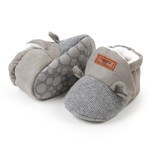 Baby Boys Girls Soft Plush Slippers Cartoon Toddler Infant Warm Winter House Ribbed Shoes Gray 12CM3