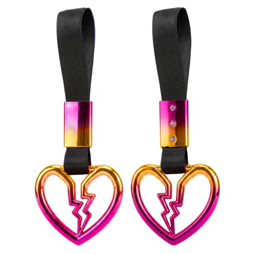 Image of 2PCS Heart Shaped Car Handle Straps, Rear Bumper Warning Keychain Ring for Car Exterior Accessories (Chrome Rainbow Broken Heart - Black)