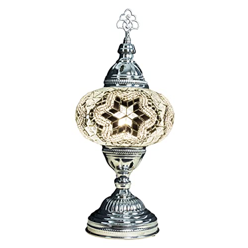 Mozaist Mosaic Colorful Desk Lamp, Turkish Stained Glass Bedside Night Light, Moroccan Chrome Finished Silver Color Decor Lighting For Home, Restaurants, Rustic With E12 Socket & Us Plug (White) #TOP10