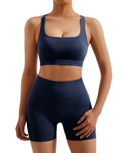 RXRXCOCO Seamless Workout Sets for Women 2 Piece Strappy Sports Bras Scrunch Butt Booty Shorts Matching Yoga Outfits Navy Large — view 2