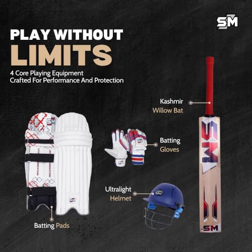 Image of SM Warrior Complete Cricket Kit for Men | Cricket Set | 8-Piece: Kashmir Willow Bat + Moulded Helmet + Calf Skin Gloves + Pads + Kit Bag + Thigh + Arm + Abdominal Guard | Mid-Range Club | Size SH