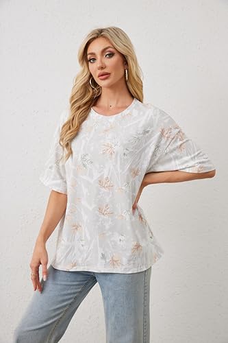 Image of Womens Camo Shirt Oversized Maple Leaf Short Sleeve T Shirts Tops | Loose Fit,White Camo T-Shirt,Crew Neck,Half Sleeve,Everyday Outfits,Gym,Workout,Home,Work,Hiking,2026 Basic Tee