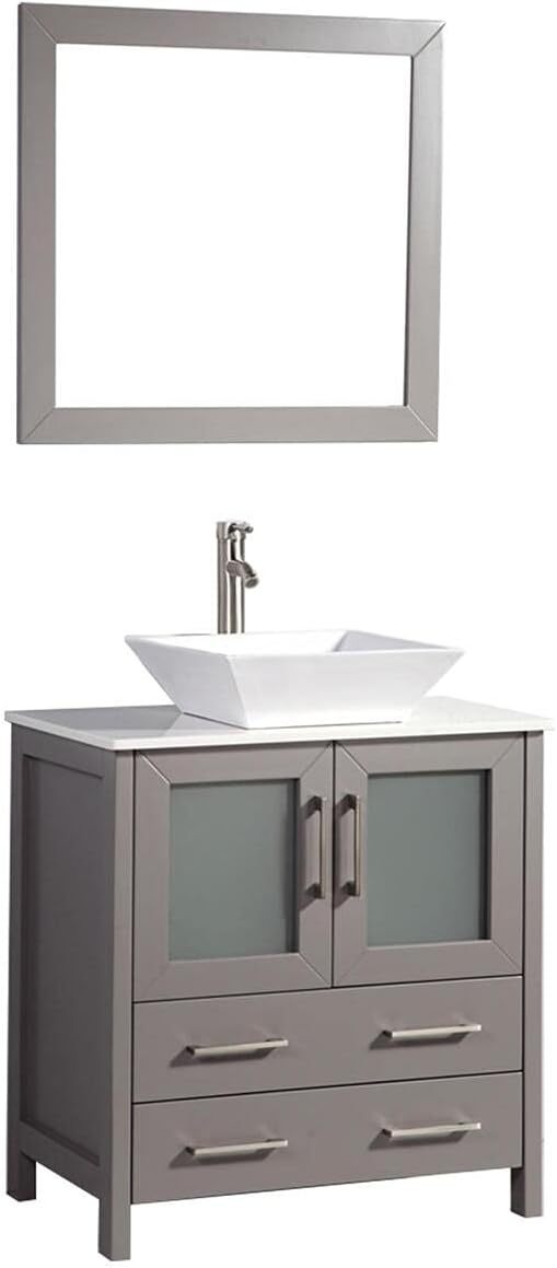 Vanity Art 30 Inch Vessel Single Sink Bathroom Vanity Cabinet with 1 Mirror, Engineered Marble Top Bathroom Cabinet Compact Set with 2 Dovetail Drawers and Soft Closing Doors, VA3130-G