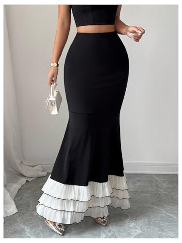 Floerns Women's Elegant Bodycon Skirts Fishtail High Waist Layered Ruffle Maxi Skirt2