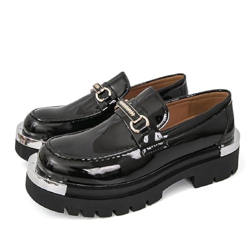 Men's Patent Leather Platform Loafers with Metal Horsebit Detail Fashion Round Head Comfort Non-Slip Lug Sole Slip-On Penny Loafers Business Party Wedding Prom Moccasins Shoes