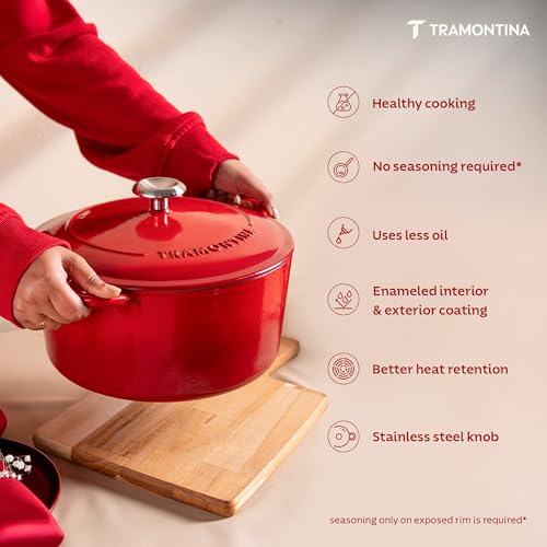 Image of TRAMONTINA Bestow Round Dutch Oven 3.3L with Lid | Enameled Cast Iron Casserole Pot & Biryani Pot | Even Heat Retention | Low Oil Healthy Cooking | No Seasoning Required | All Cooktops Compatible | Red