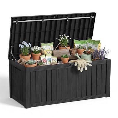 MAIUSCOLI 150 Gallon Outdoor Storage Box Waterproof Outside Resin Deck Box, Lockable Storage Bin for Patio Furniture,Garden Tools,Cushions,Pool Accessories(Black)