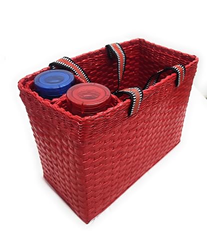Image of Paperus, Red, Large, Lunch Bag with 2 Water Bottle Holders, Tiffin Basket, Picnic Basket, Travel Bag, Eco-Friendly, Handmade, of Paper Ropes, Length 14 inch, Height 11 inch & 7 Inch Broad Base