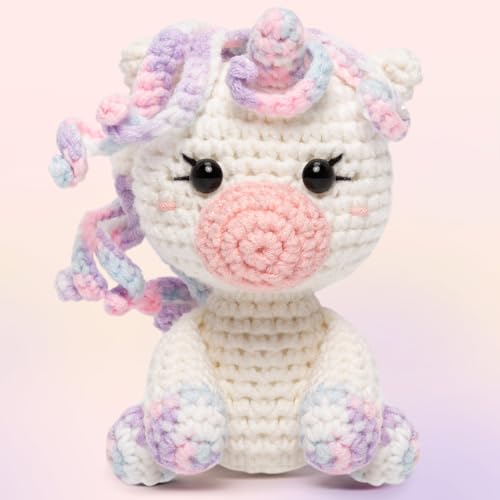 Image of Mewaii Crochet Kit for Beginners Level 2 with 40% Extra Eco-Friendly Pre-Started Easy Yarn, Step-by-Step Video Tutorials for Adults and Kids (Pastel Unicorn)