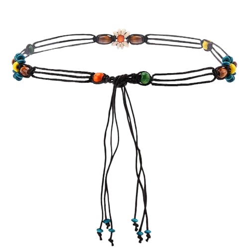 Boho Colorful Floral Beaded Belt for Women Adjustable Handwoven Bohemian Flower Belt with Beaded Tassel Woven Braided Western Rope Belts for Summer Beach Weddings Wear Boho Outfit Accessory​