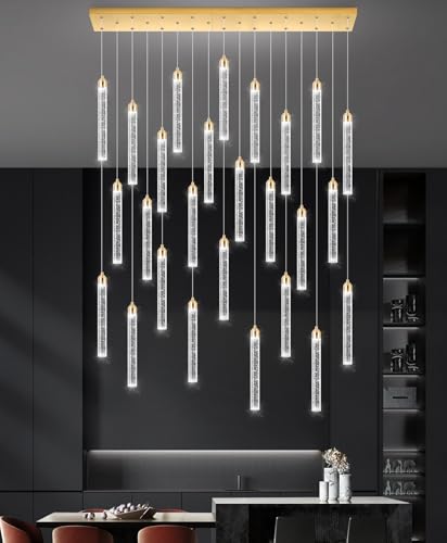Image of Rectangular Chandeliers 26-Lights Long Light for Entryway LED Dimmable Chandeliers Lighting Fixture Flat Sloped High Ceiling Pendant Lights Crystal for Living Room Foyer Hallway Staircase Gold