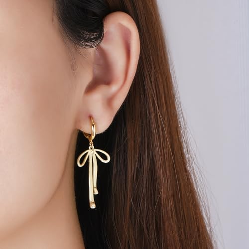Gold Bow Ribbon Hoop Earrings - Long Ribbon Drop Dangle Bow Tie Huggie Earrings for Women's Jewelry Gifts2